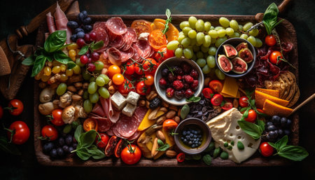 A rustic buffet of gourmet delicatessen, fresh meat, and vegetables generated by artificial intelligenceの素材