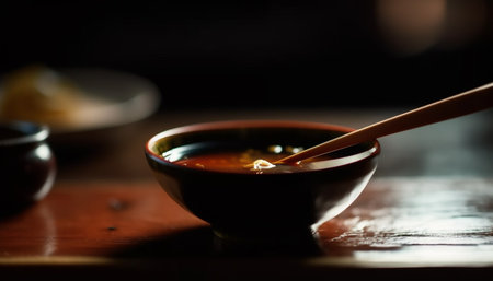 Fresh seafood soup served in a wooden bowl with chopsticks generated by artificial intelligenceの素材