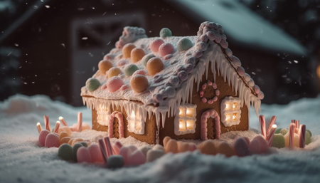 A snowman shaped gingerbread cookie, decorated with icing and candy generated by artificial intelligenceの素材