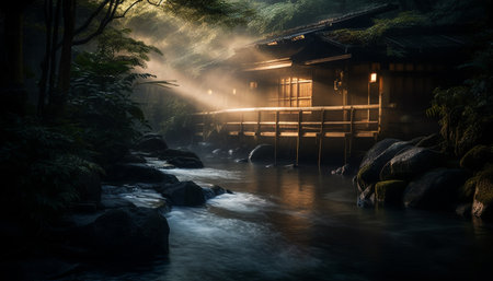 The dark forest at night, a mysterious and spooky beauty generated by artificial intelligenceの素材