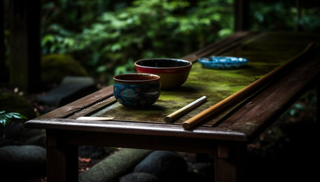 Rustic earthenware bowl holds summer flowers on wooden desk generated by artificial intelligenceの素材