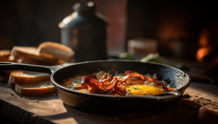 Grilled pork slice on rustic cast iron plate, ready to eat generated by artificial intelligenceの素材