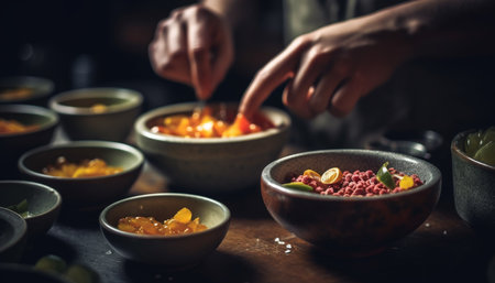 The chef hand prepares a healthy vegetarian meal with fresh ingredients generated by artificial intelligenceの素材