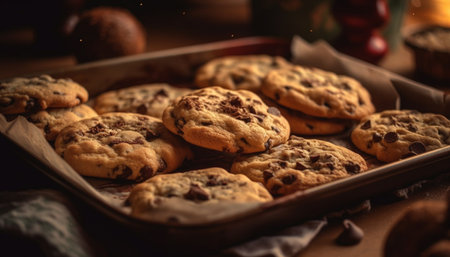Indulgent homemade chocolate chip cookies on rustic wooden cooling rack generated by artificial intelligenceの素材