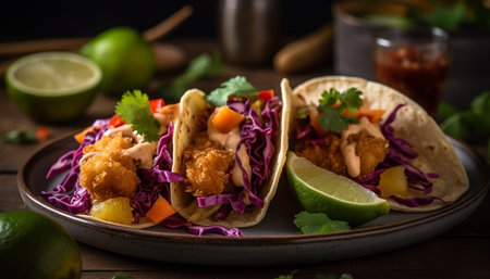Grilled beef taco with lime, guacamole, and cilantro on flatbread generated by artificial intelligenceの素材