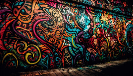 The illuminated backdrop features vibrant colors and ornate decoration generated by artificial intelligenceの素材