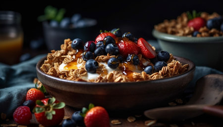A gourmet bowl of fresh, organic granola with blueberries and almonds generated by artificial intelligenceの素材