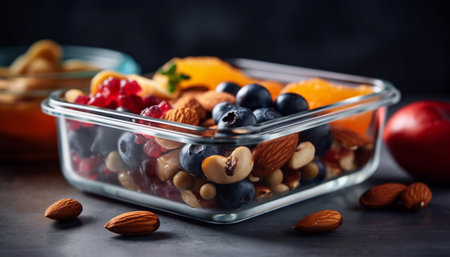 A gourmet bowl of healthy, organic, sweet berry indulgence generated by artificial intelligenceの素材