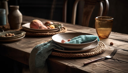 A rustic meal on a wooden table with fresh ingredients generated by artificial intelligenceの素材
