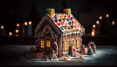 Homemade gingerbread house decoration with candy, icing, and snowflakes generated by artificial intelligenceの素材