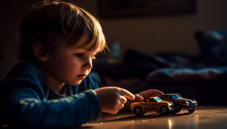 Cute Caucasian toddler playing with toy car indoors, pure happiness generated by artificial intelligenceの素材