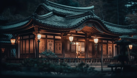 Beijing ancient architecture illuminated by lanterns at dusk generated by artificial intelligenceの素材