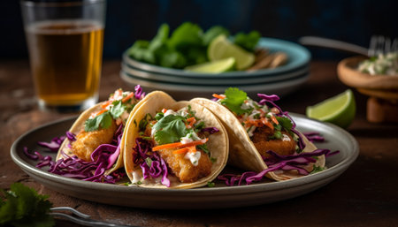 Grilled beef taco with guacamole, cilantro, and tomato on tortilla generated by artificial intelligenceの素材