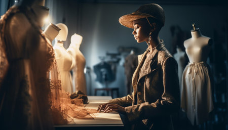 One fashion designer, working creatively in a small boutique studio generated by artificial intelligenceの素材