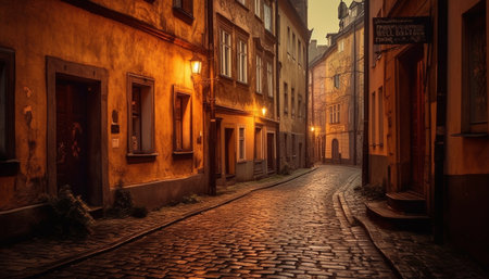 The old fashioned lantern illuminates the narrow cobblestone footpath at dusk generated by artificial intelligenceの素材