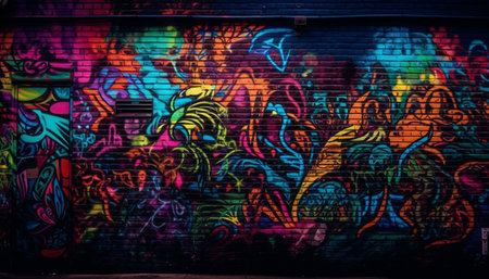 graffiti mural illuminates old building feature in chaotic city street generated by artificial intelligenceの素材