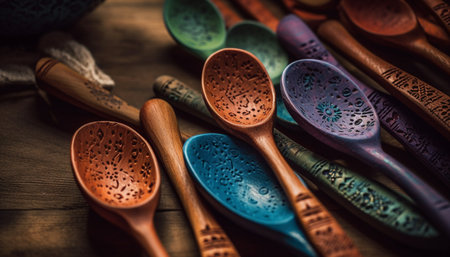 A rustic collection of kitchen utensils, wooden spoons and ladles generated by artificial intelligenceの素材