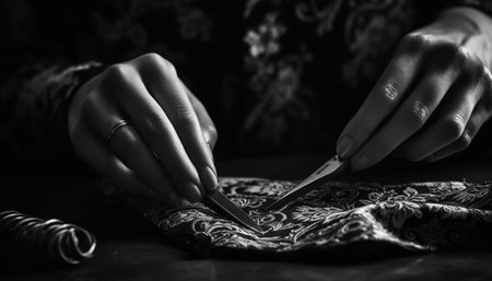 Creative women tailor elegant clothing with skill and craftsmanship indoors generated by artificial intelligenceの素材