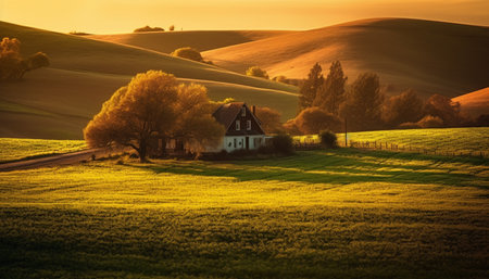 A tranquil scene of a rural farm at sunset generated by artificial intelligenceの素材