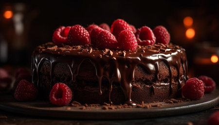 A homemade chocolate cake with raspberry and strawberry indulgence generated by artificial intelligenceの素材