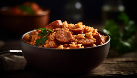 Freshly cooked beef stew with vegetables and herbs, ready to eat generated by artificial intelligenceの素材