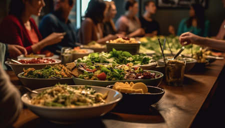 A gourmet buffet of fresh, organic vegetarian appetizers for dinner party generated by artificial intelligenceの素材
