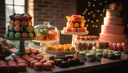 A gourmet dessert buffet with multi colored macaroons and cheesecake generated by artificial intelligenceの素材