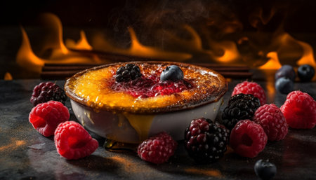 Rustic homemade dessert: Berry pancakes with raspberry sauce and cream generated by artificial intelligenceの素材