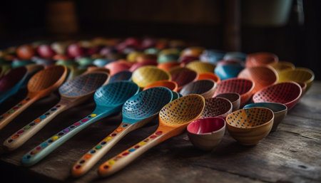 A vibrant collection of East Asian pottery in multi colored patterns generated by artificial intelligenceの素材