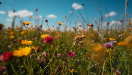 A vibrant meadow of multi colored wildflowers under a purple sky generated by artificial intelligenceの素材