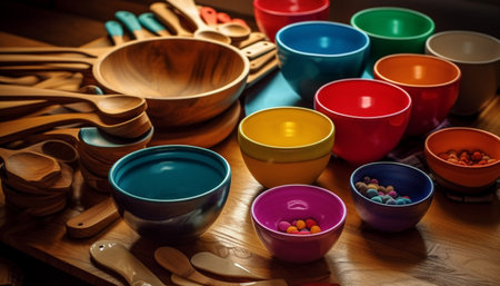 A rustic earthenware bowl, with multi colored spoon variation generated by artificial intelligenceの素材