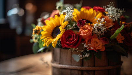 A rustic bouquet of sunflowers and multi colored flowers in a vase generated by artificial intelligenceの素材