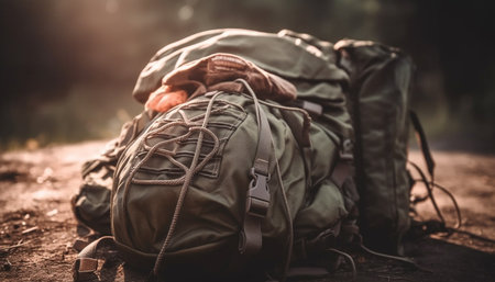 One person backpacking through the forest, enjoying nature relaxation generated by artificial intelligenceの素材