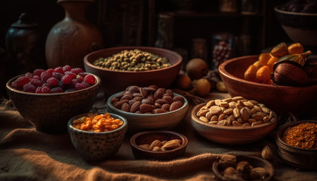 A rustic bowl of healthy, organic nuts and fruit variety generated by artificial intelligenceの素材