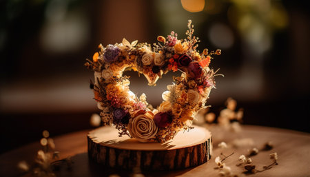 Romantic wedding celebration with ornate decorations, gold accents, and candles generated by artificial intelligenceの素材
