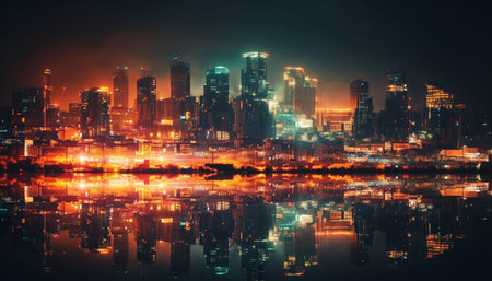 The glowing financial district illuminates the urban skyline at dusk generated by artificial intelligenceの素材
