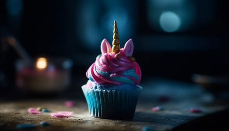 Cute fairy bakes unhealthy birthday cake with multi colored decorations generated by artificial intelligenceの素材