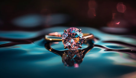 A glowing, multi colored gemstone wedding ring symbolizes love and elegance generated by artificial intelligenceの素材