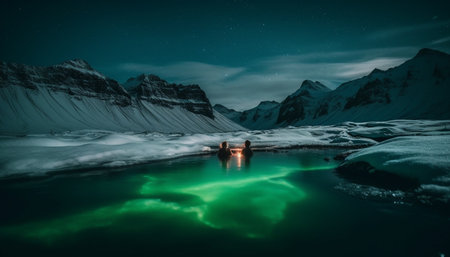 Adventure awaits in the majestic arctic mountain range at night generated by artificial intelligenceの素材