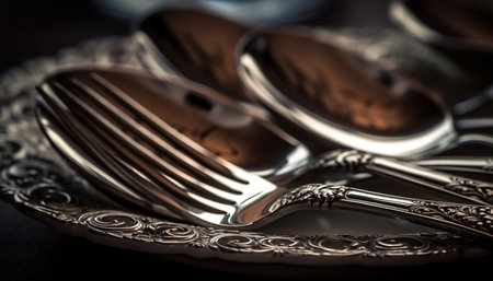A shiny silver spoon and fork on a wooden plate generated by artificial intelligenceの素材