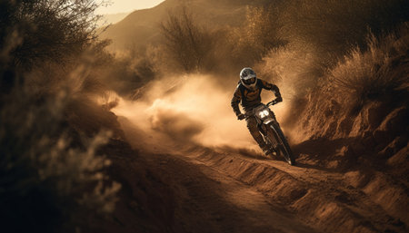 Mountain biker races through dirt, risking it all for adventure generated by artificial intelligenceの素材