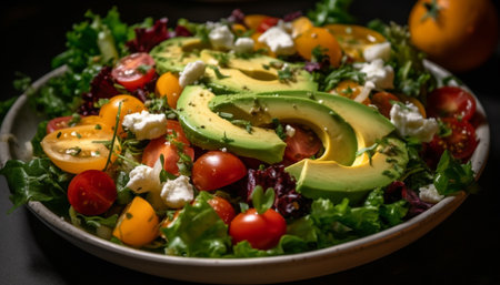 Fresh gourmet salad with organic vegetables, avocado, and cherry tomato generated by artificial intelligenceの素材