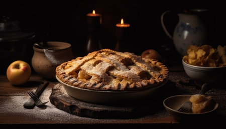 Rustic apple pie on wooden table, a homemade indulgence generated by artificial intelligenceの素材