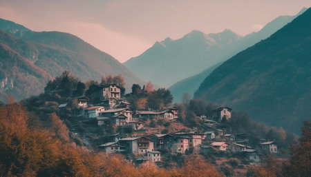 Tranquil sunset over panoramic mountain range, a hiker adventure journey generated by artificial intelligenceの素材