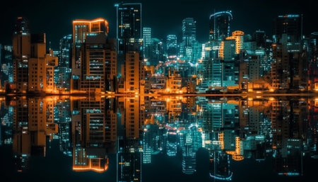 Modern city skyline glows with abstract blue reflections at dusk generated by artificial intelligenceの素材