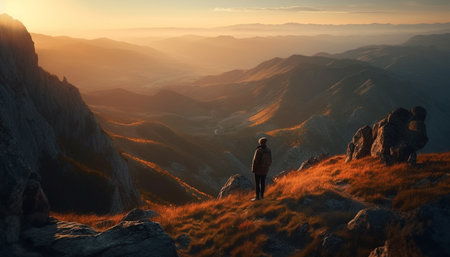 Hiking men reach mountain peak at sunrise, backpacks and silhouettes generated by artificial intelligenceの素材