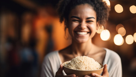 One young African American woman smiling, holding bowl of fresh food generated by artificial intelligenceの素材