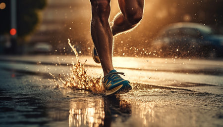 A determined athlete splashes through wet nature, reflecting strength and vitality generated by artificial intelligenceの素材