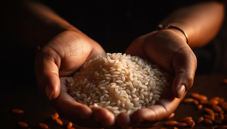 One person holding a handful of organic basmati rice generated by artificial intelligenceの素材
