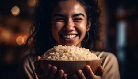 One young woman, smiling with enjoyment, holding a snack bowl generated by artificial intelligenceの素材